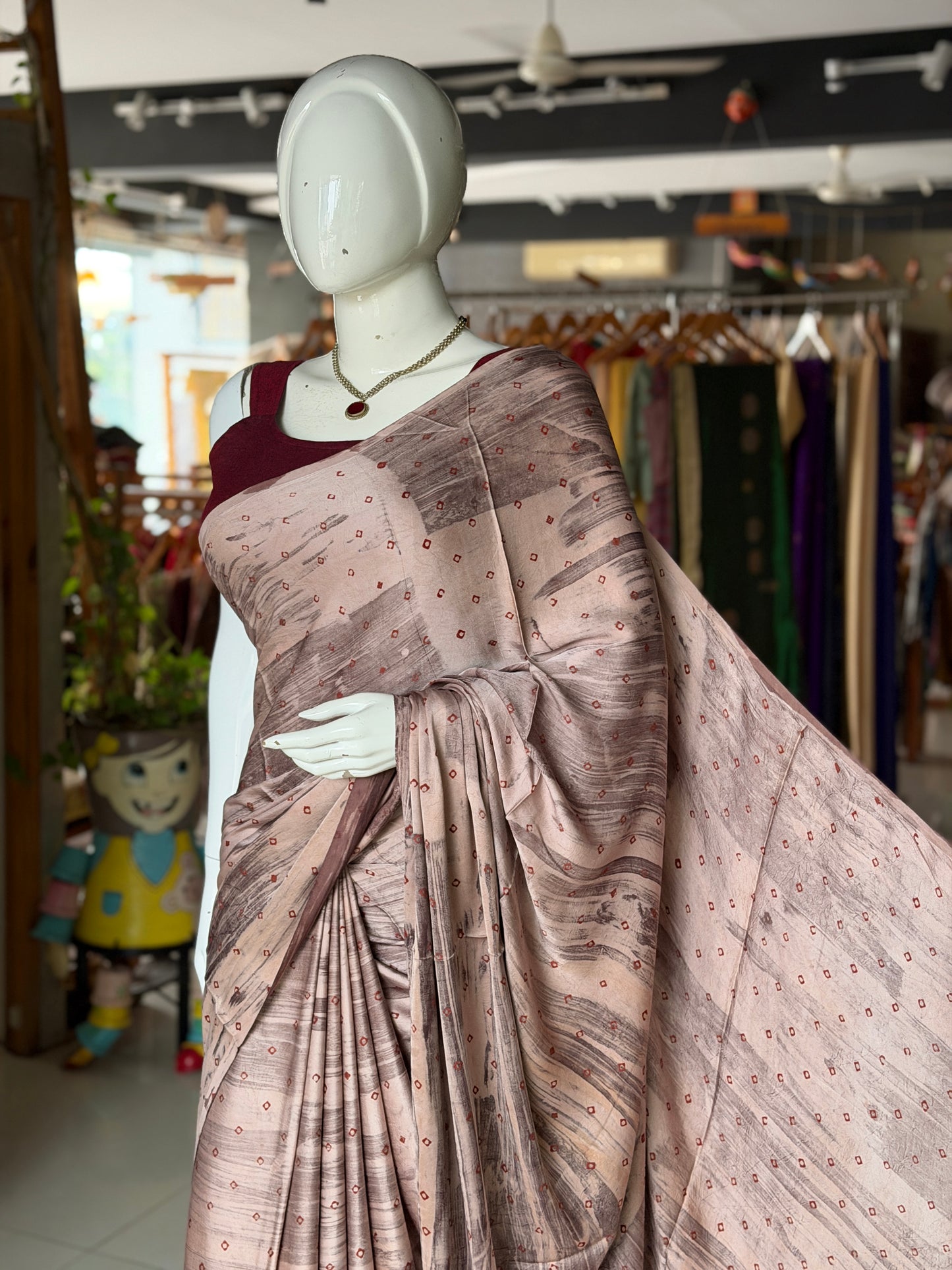 Dusty pink soft modal yardage saree / fabric - hand block printed, brush painted