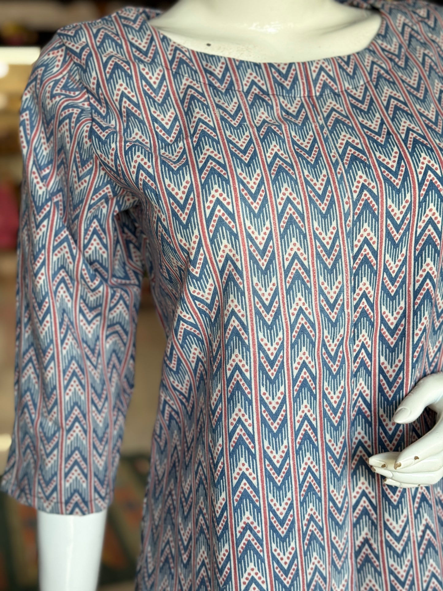 Blue chevrons straight kurti - handwoven, natural dyed cotton straight kurti