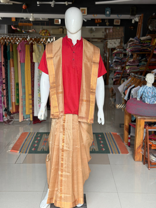 Golden beige dhoti set with zari borders for men - Mangalagiri Handloom silk cotton pancha kanduva set