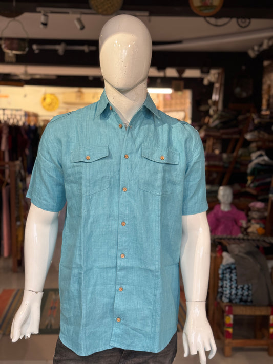 Blue handwoven linen collared shirt for men with wooden buttons