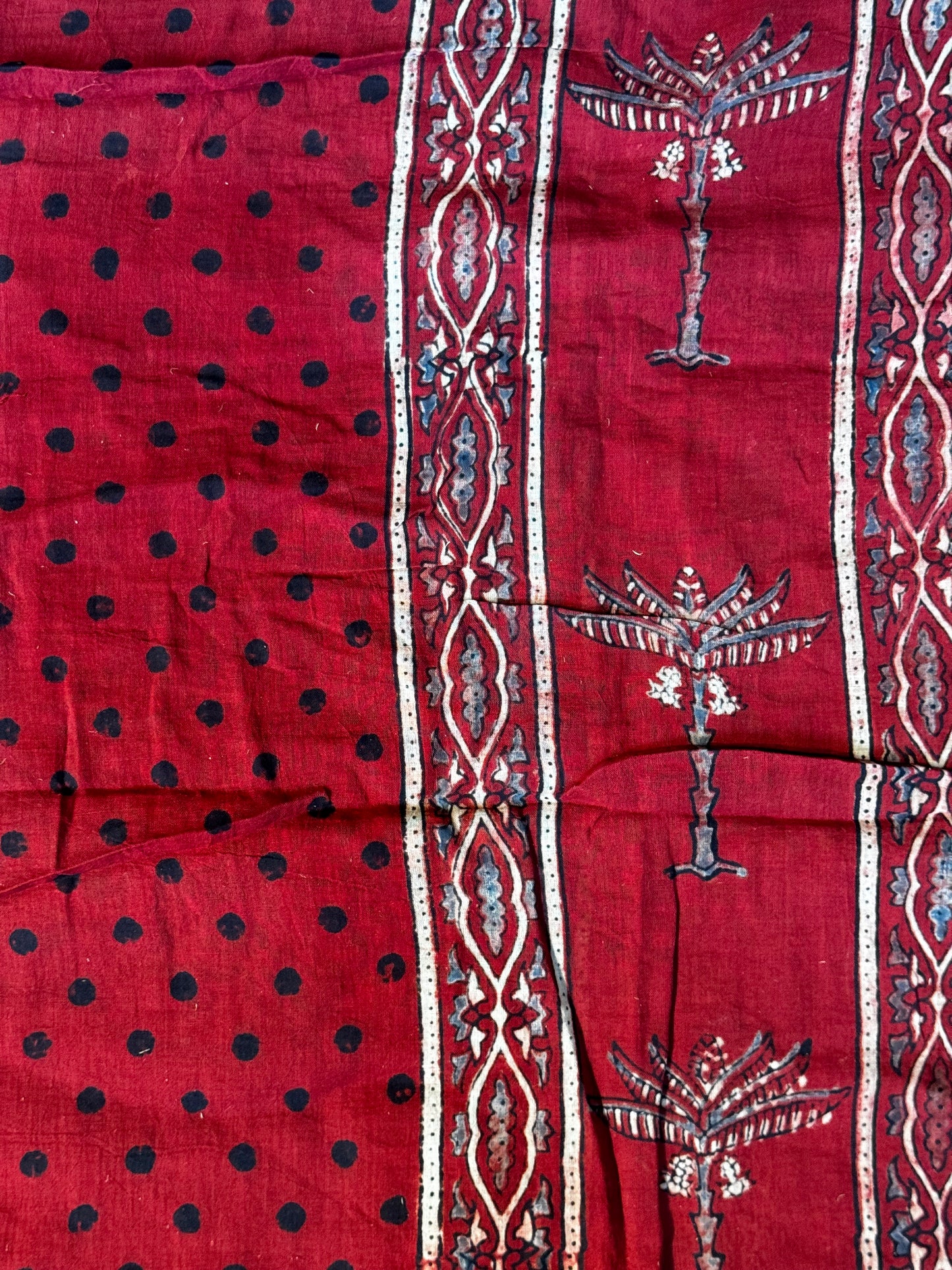 Maroon Ajrakh dots hand block printed soft mul cotton fabric with center panel style design