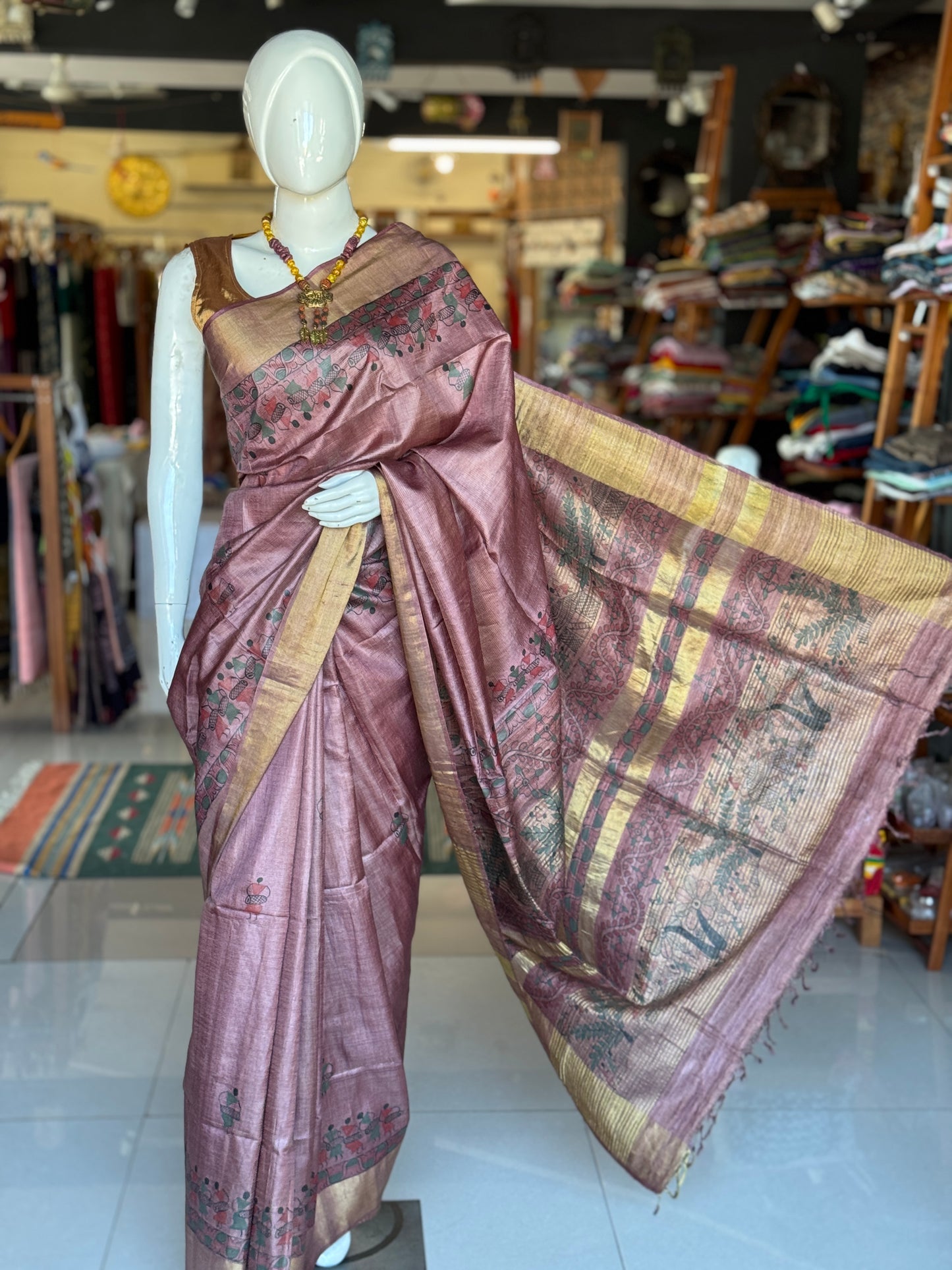 Mauve tone tussar silk hand woven, Warli hand painted saree