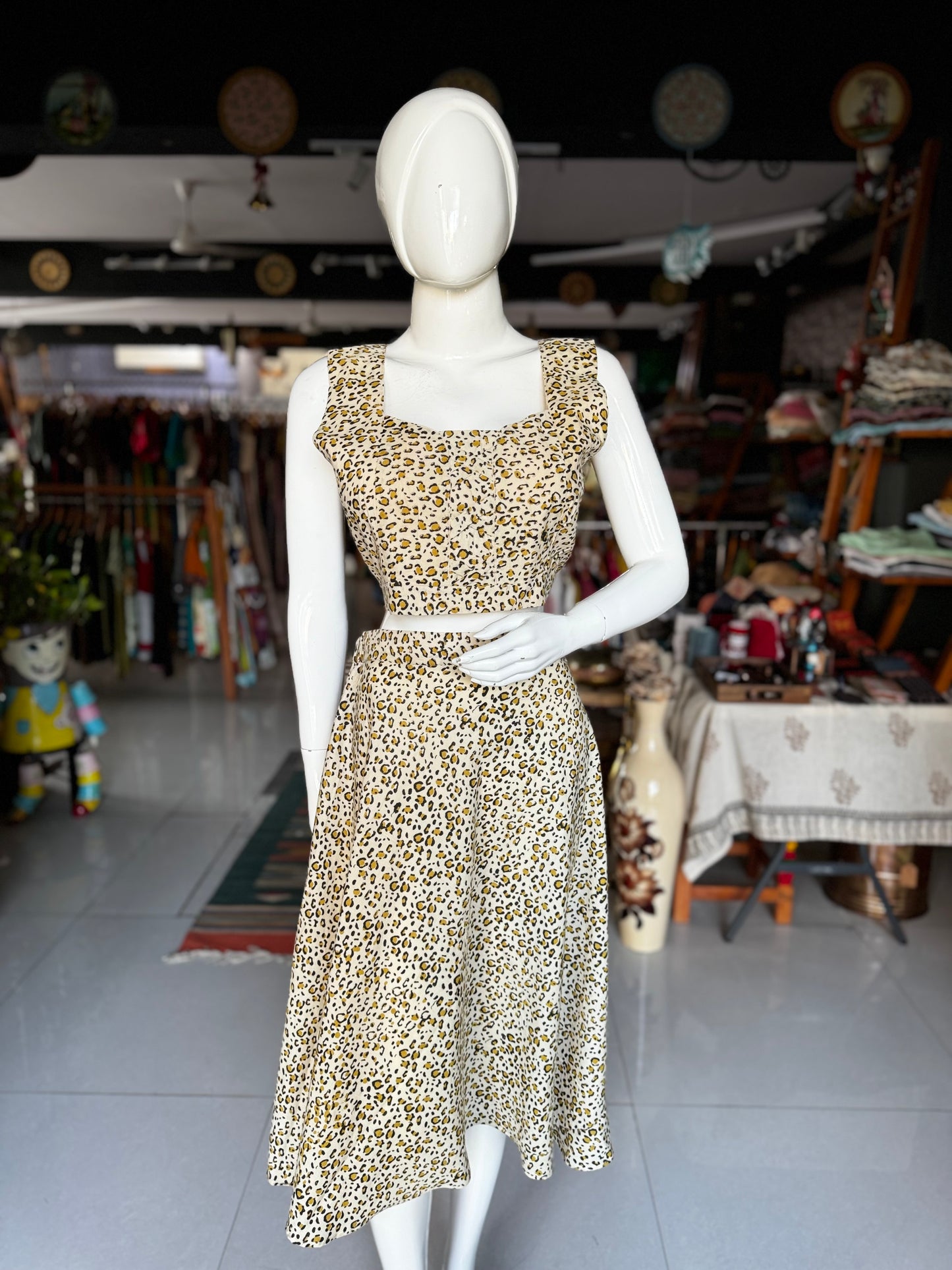 Beige leopard hand block printed cotton crop top / blouse