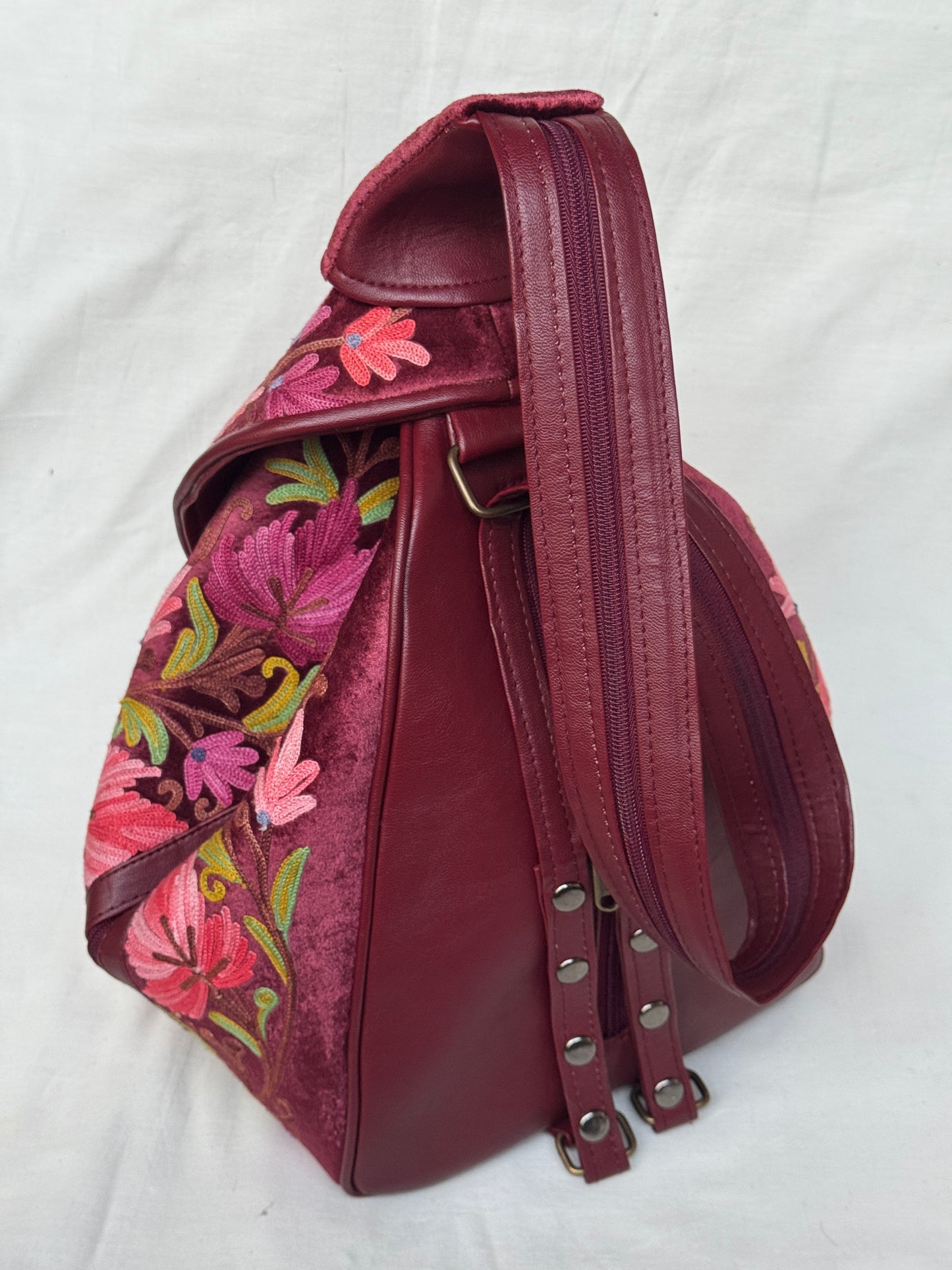Kashmiri floral Aari embroidered back pack cum bag with adjustable length strap