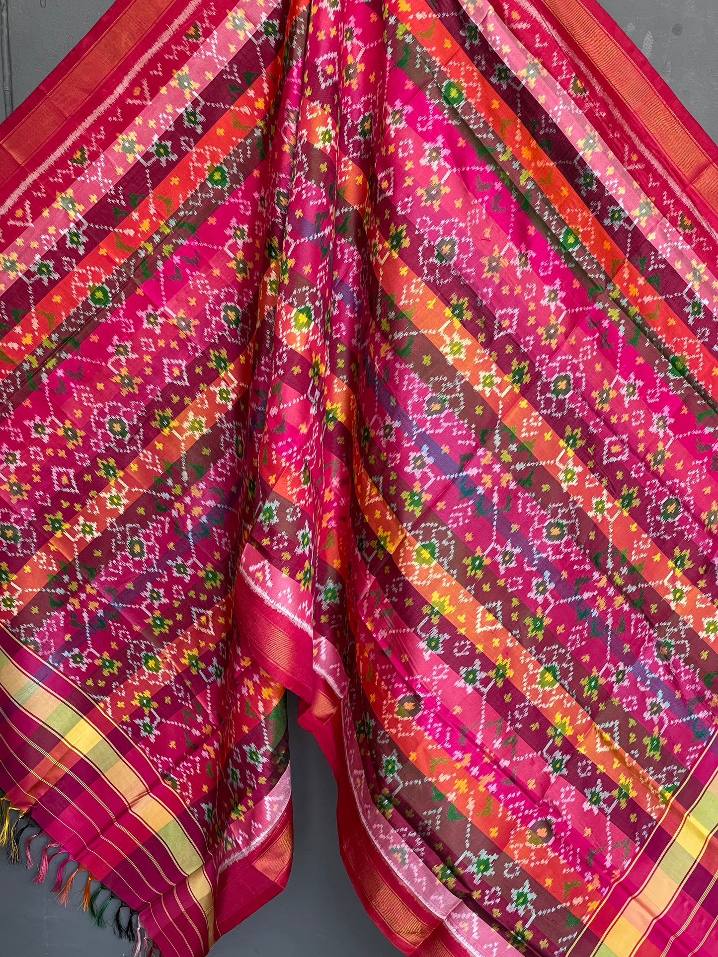 Handwoven mulberry silk ikat patola dupatta on multiple coloured stripes base