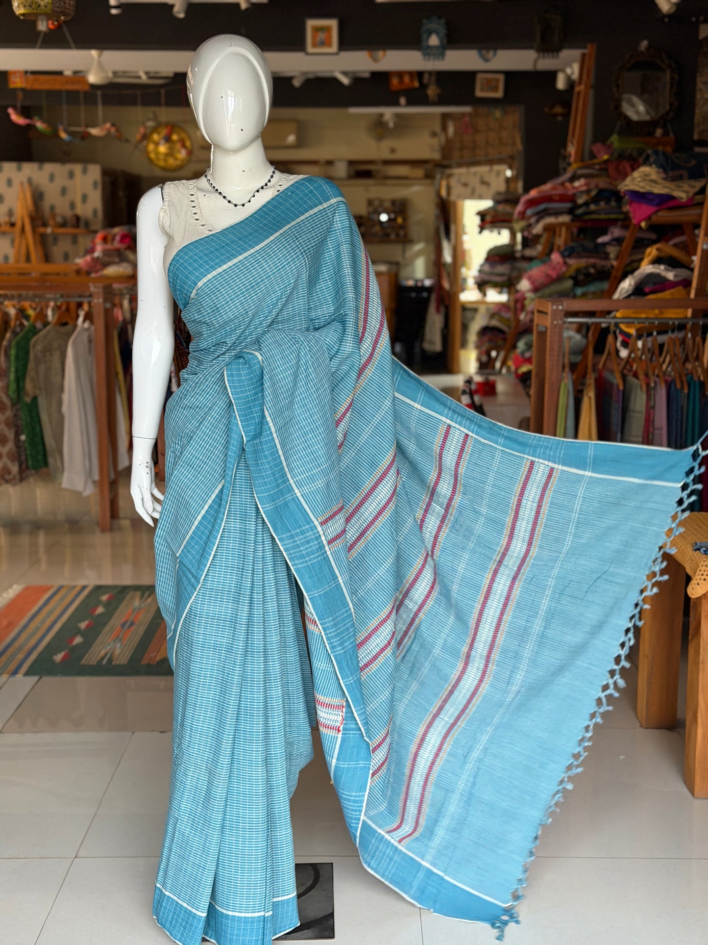 Blue n white fine rectangles handloom Baiga cotton saree