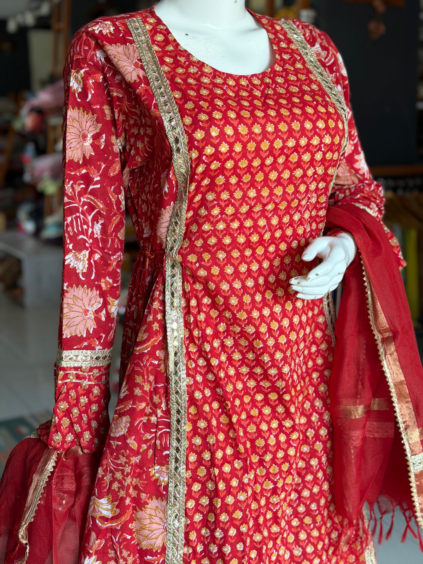 Red floral hand block print with lace detailing flared kurti, pants and dupatta - 3 piece set