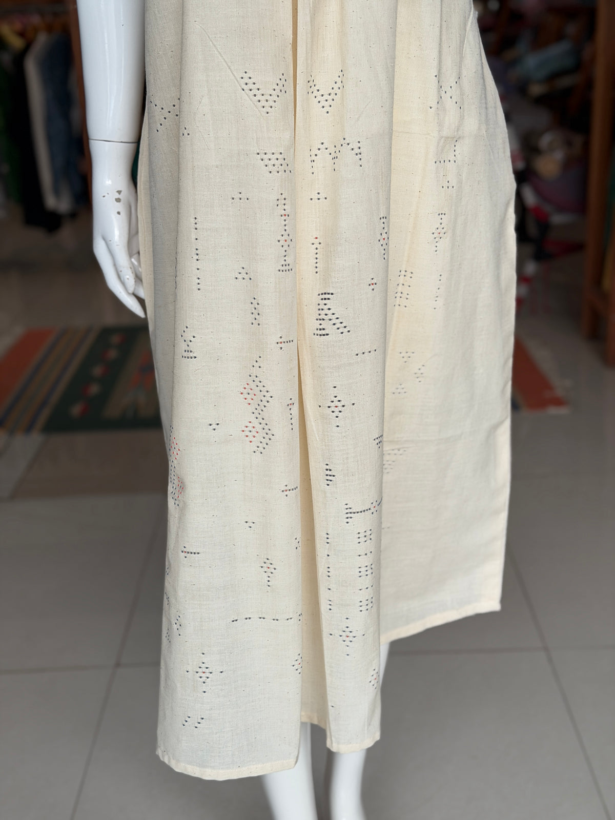 Off white Tangaliya front box pleated handwoven kala cotton x fine cotton a-line kurti / dress