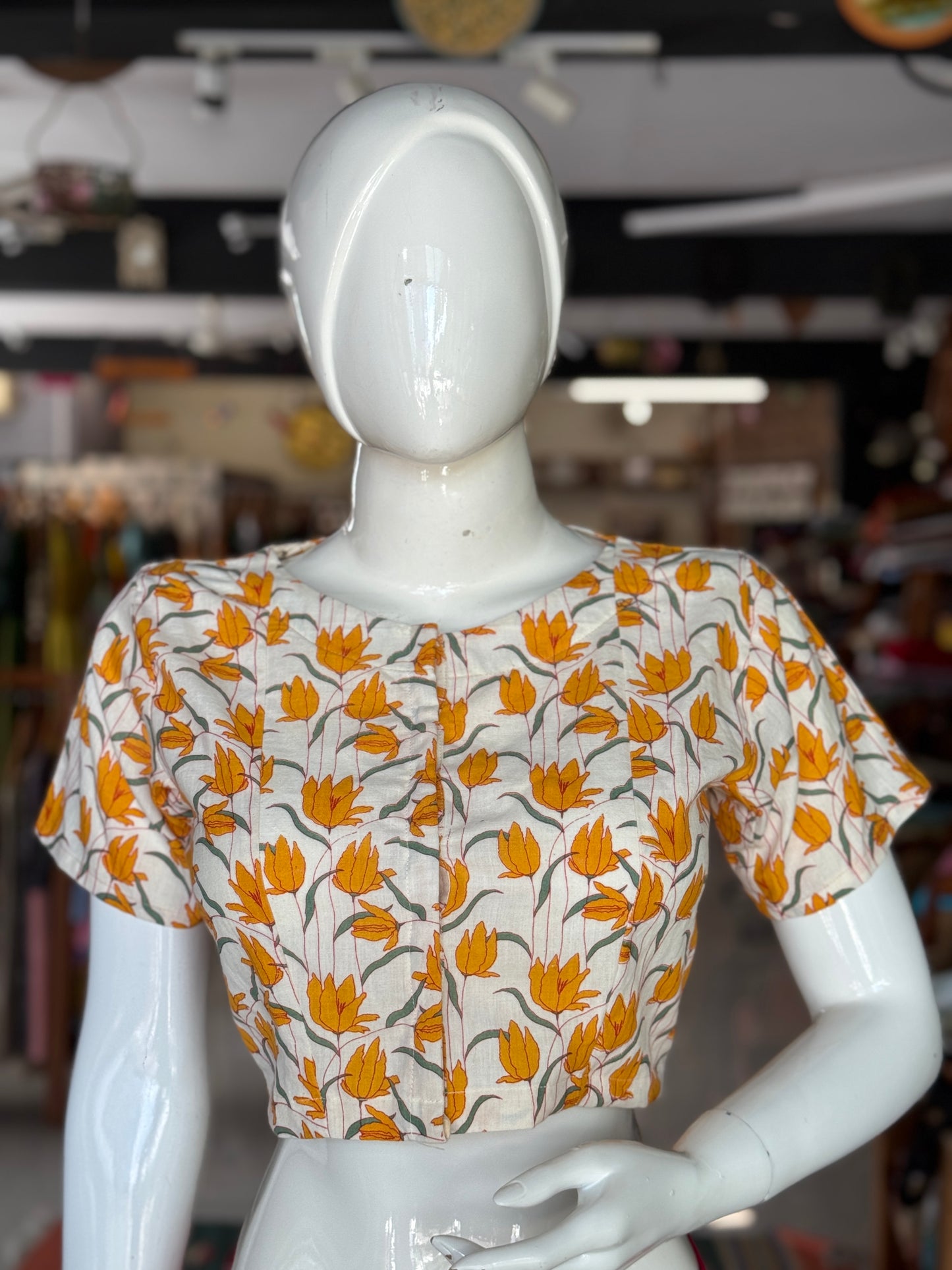 Offwhite handwoven cotton front open blouse with mustard yellow flowers