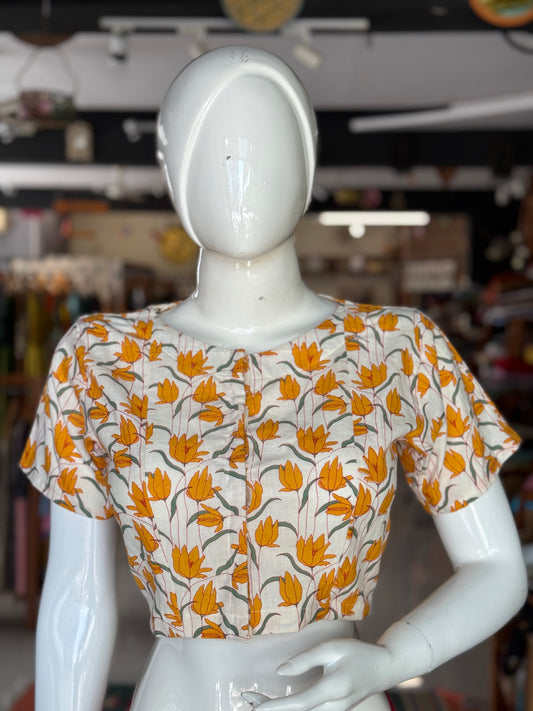 Offwhite handwoven cotton front open blouse with mustard yellow flowers
