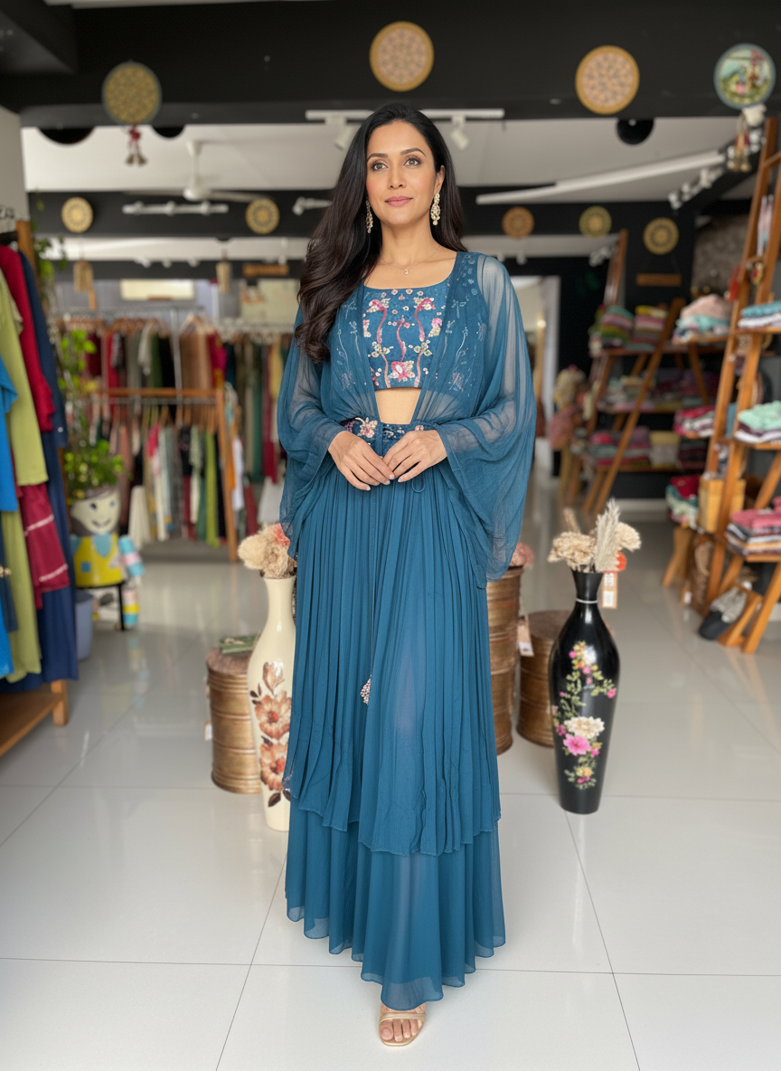 Teal silk crop top with georgette  hand embroidered fancy jacket, plazo set