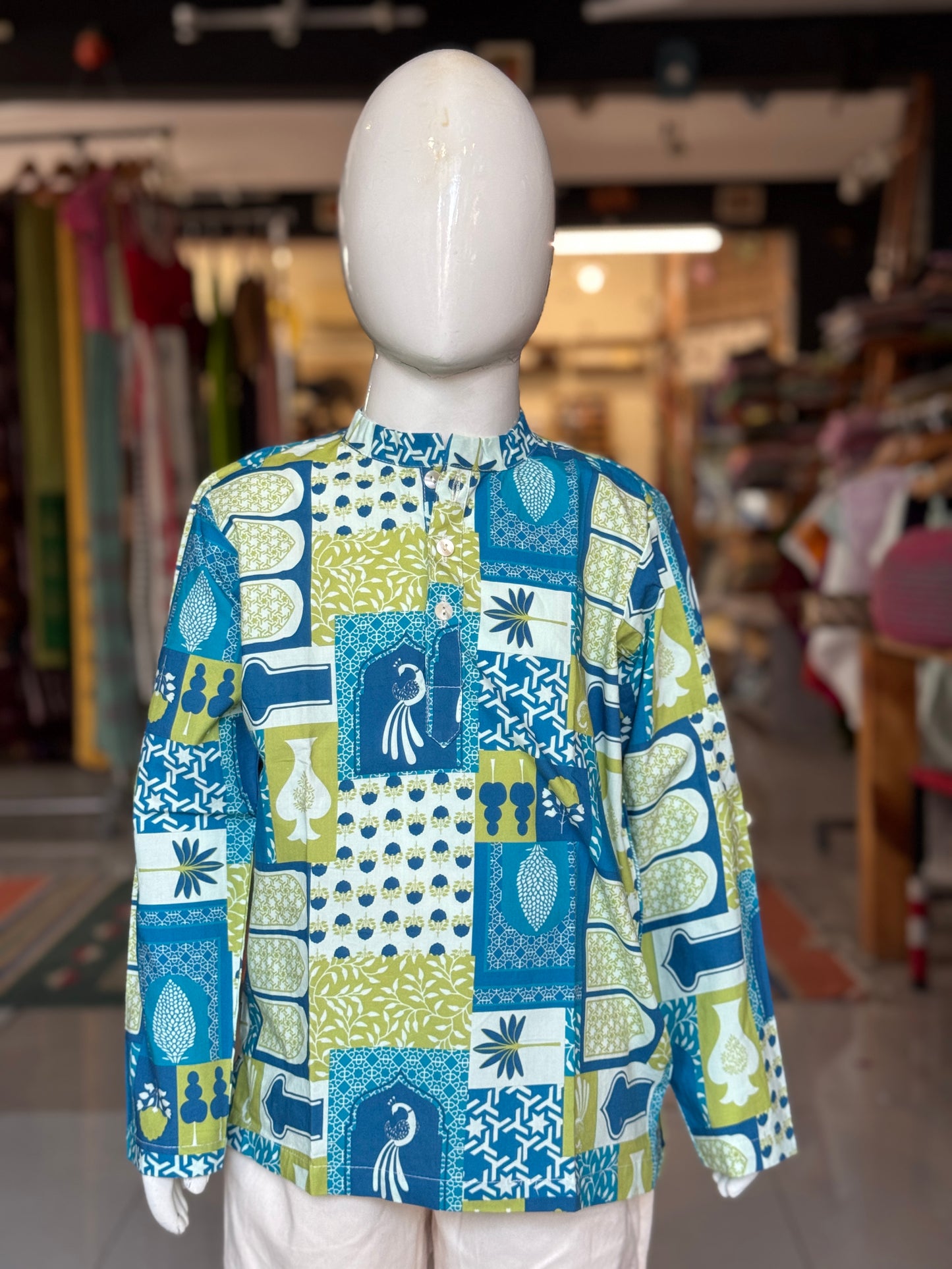 Green blue peacock n floral printed kurta for boys