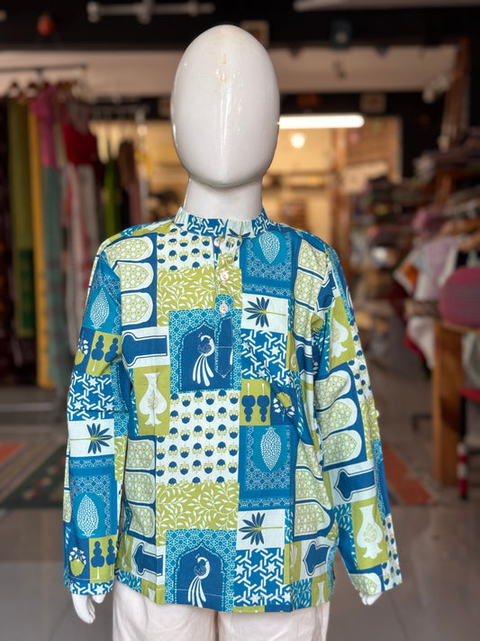 Green blue peacock n floral printed kurta for boys