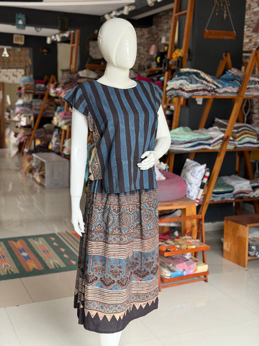 Indigo n black stripes cotton coord set of skirt n top - Ajrakh hand block prints