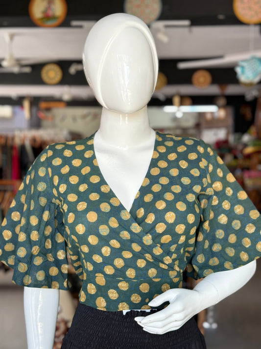 Green polka dots hand block printed, natural dyed, wrap style free size cotton crop top blouse