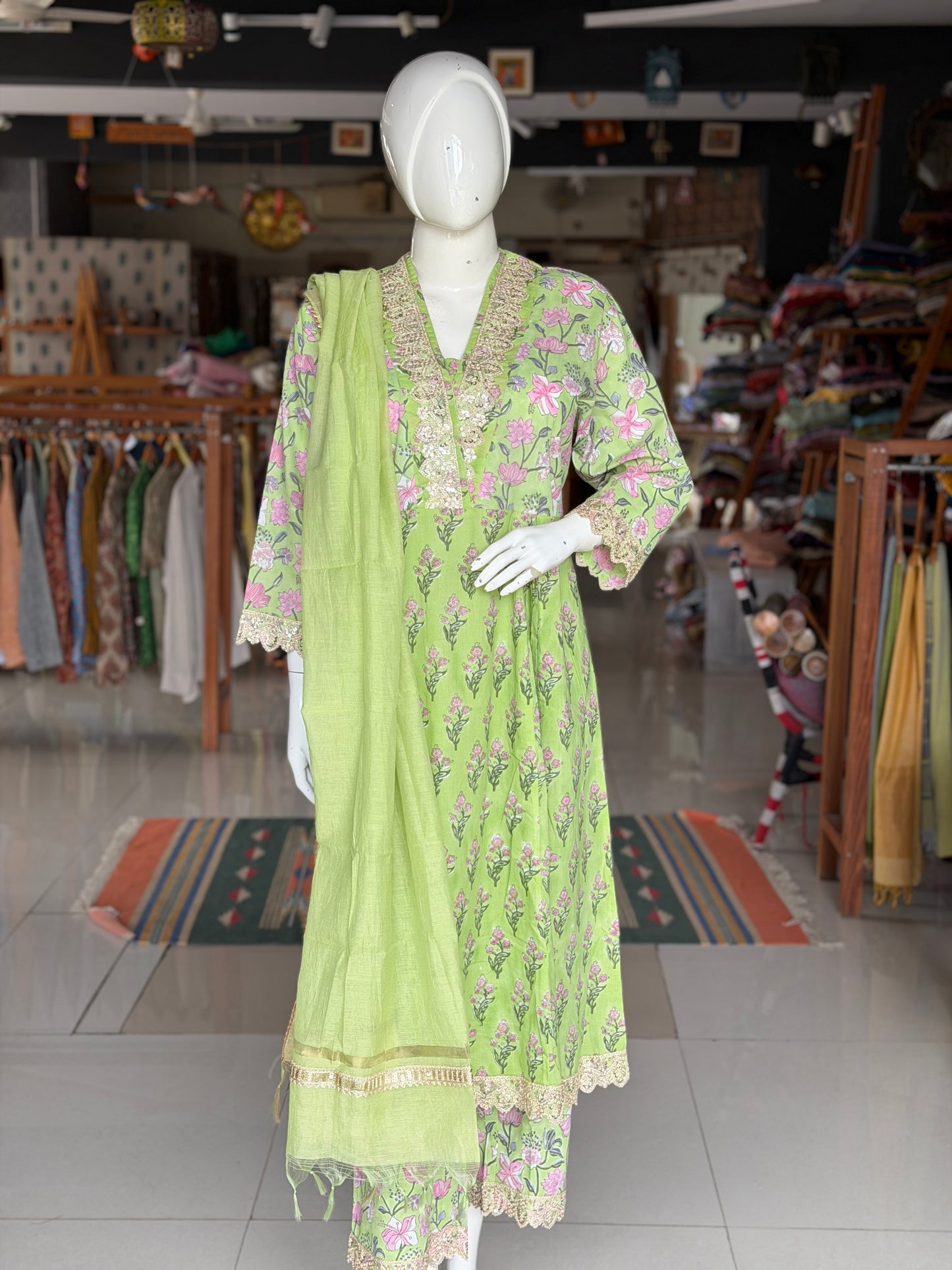 Green floral hand block print with lace detailing flared kurti, pants and dupatta - 3 piece set