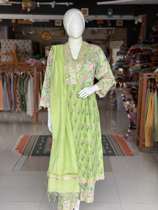 Green floral hand block print with lace detailing flared kurti, pants and dupatta - 3 piece set