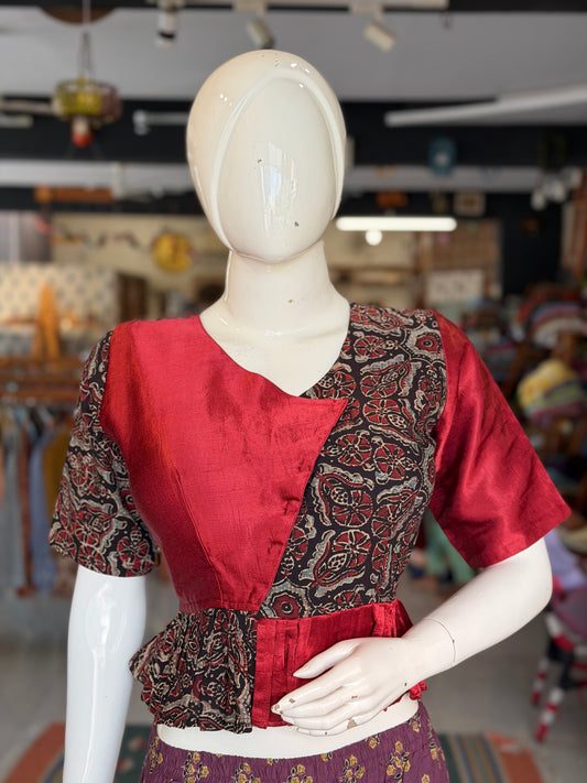 Black Ajrakh handblock printed elbow sleeved blouse with maroon mashru - peplum style crop top / blouse