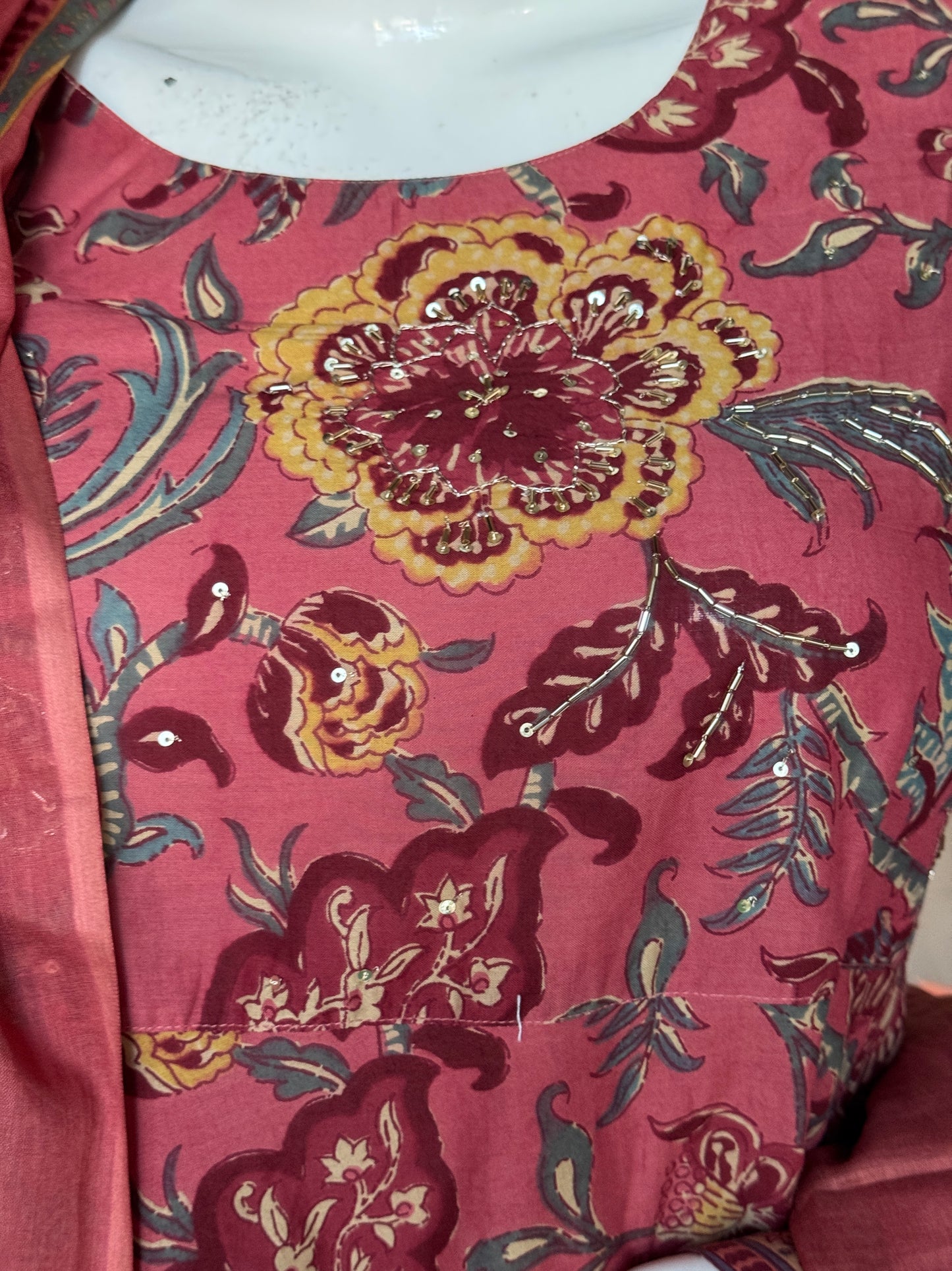 Coral rust tone floral print cotton flared umbrella style Kurti, pants and dupatta set