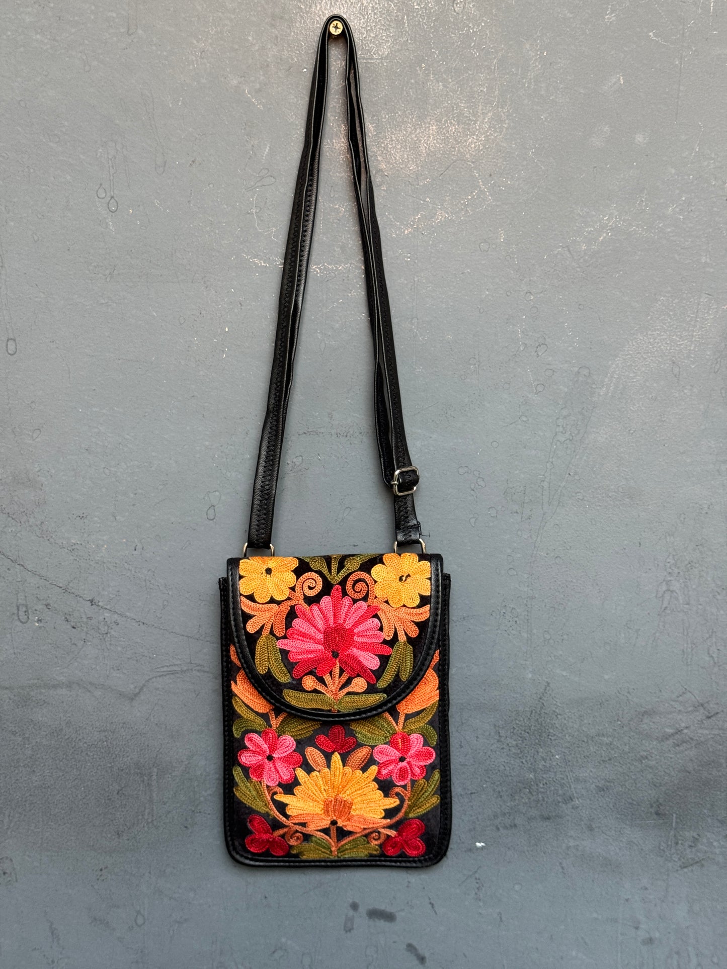 Mobile phone sling pouch - Kashmiri floral Aari embroidered with adjustable length strap and zippered back pocket - colors available