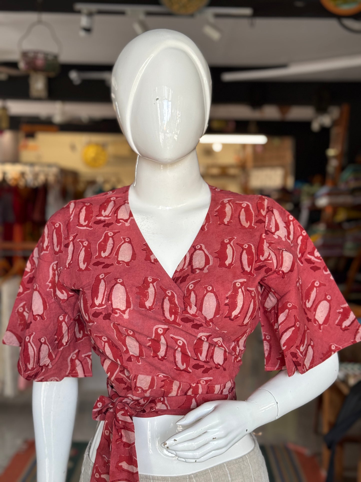 Wrap style free size cotton crop top blouse in natural dyed, hand block printed cotton