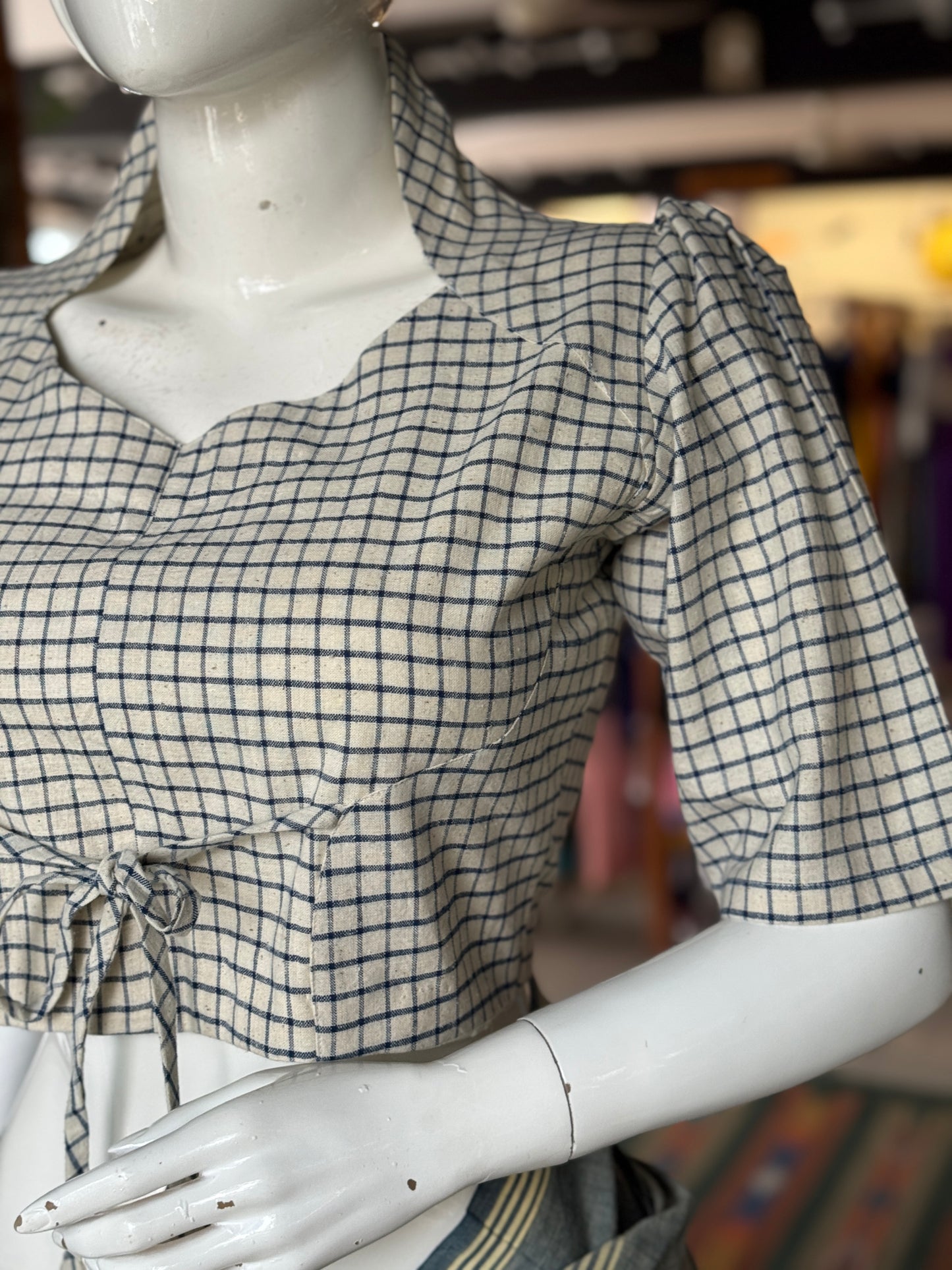 Off White n blue checks natural dyed, hand woven cotton blouse with standing collar, front tie and back hole