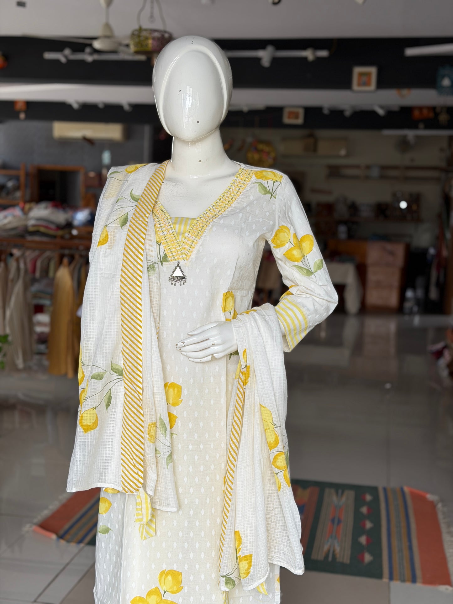 Lime n lemony white cotton 3 piece set - straight kurti, pants and dupatta