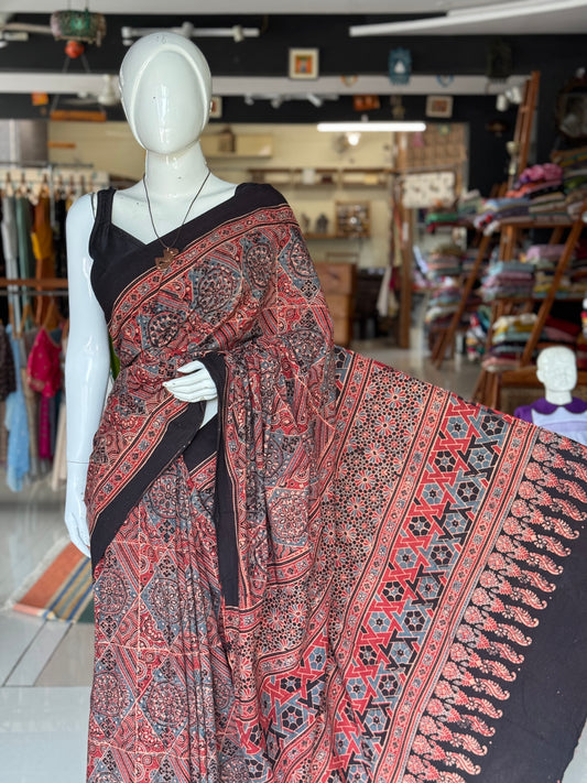 Ajrakh hand block printed 60s cotton saree - design options available