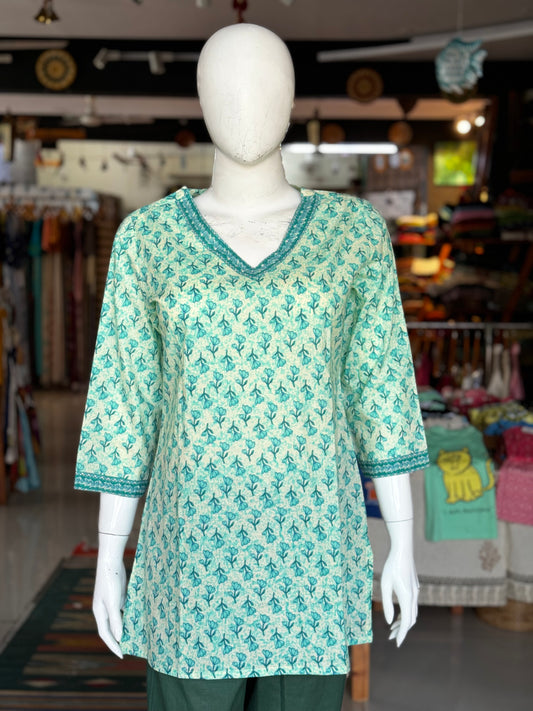 Turquoise floral cotton short kurti