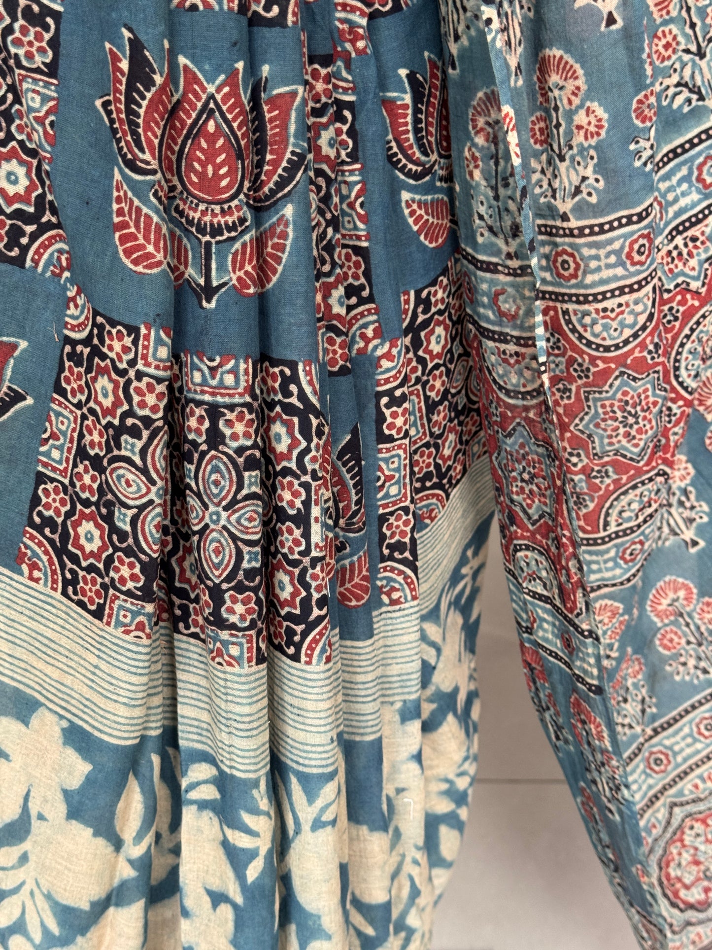 Indigo floral design Ajrakh hand block printed soft mul cotton saree