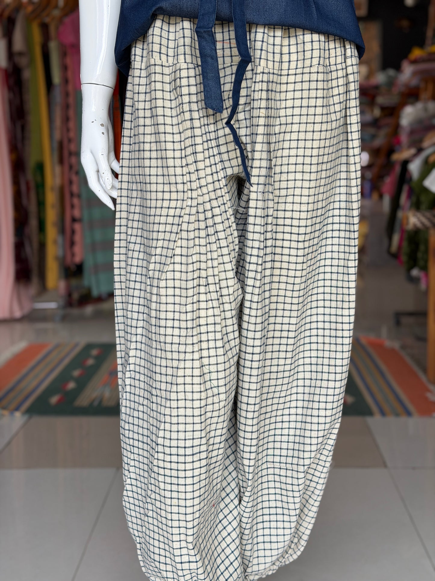 Off white and blue checks, hand spun, hand woven, natural dyed cotton harem pants for women with elastic hem