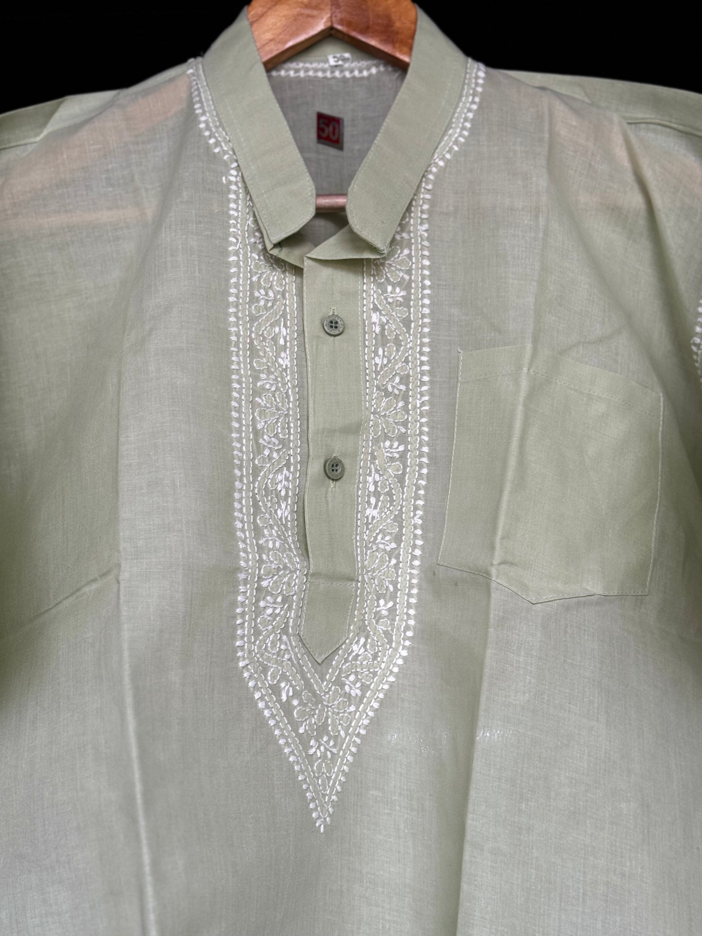 Chikankari hand embroidery cotton half sleeves short kurta for men