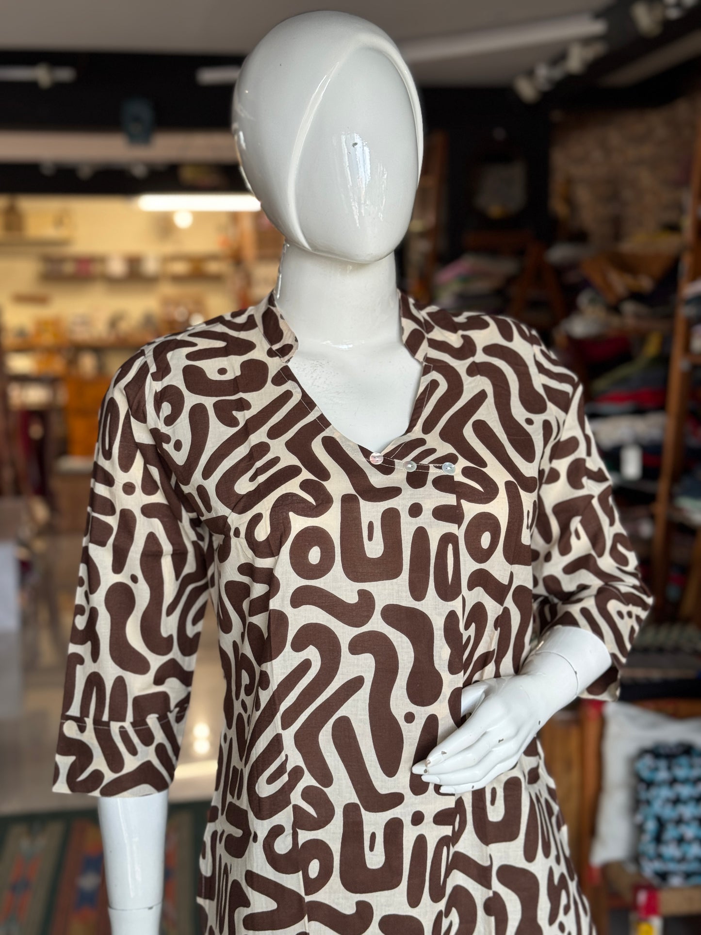 Cream and brown printed cotton 2 piece lounge wear / coord set