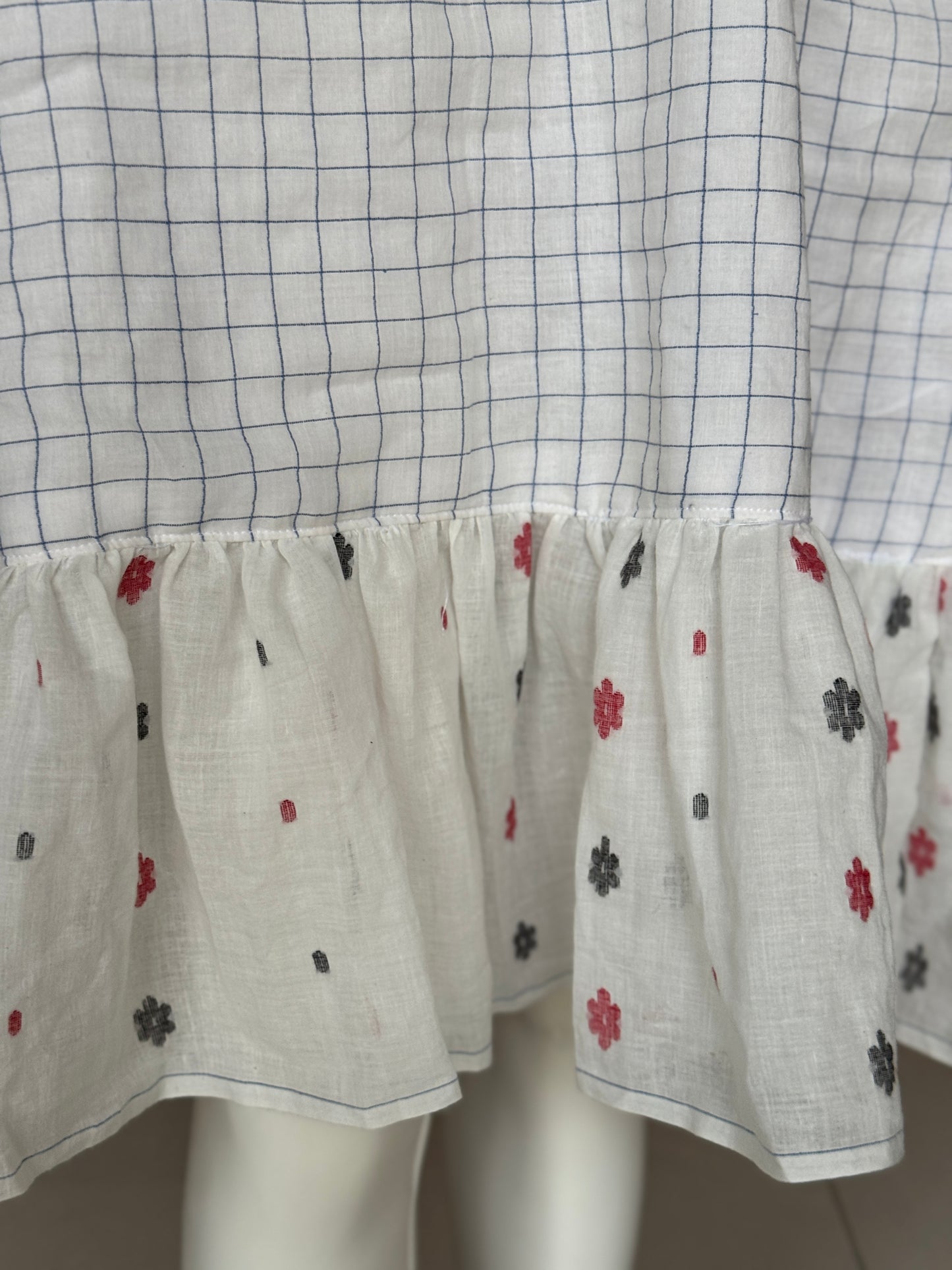 White n blue checks soft cotton handloom dress with jamdani ruffles hem
