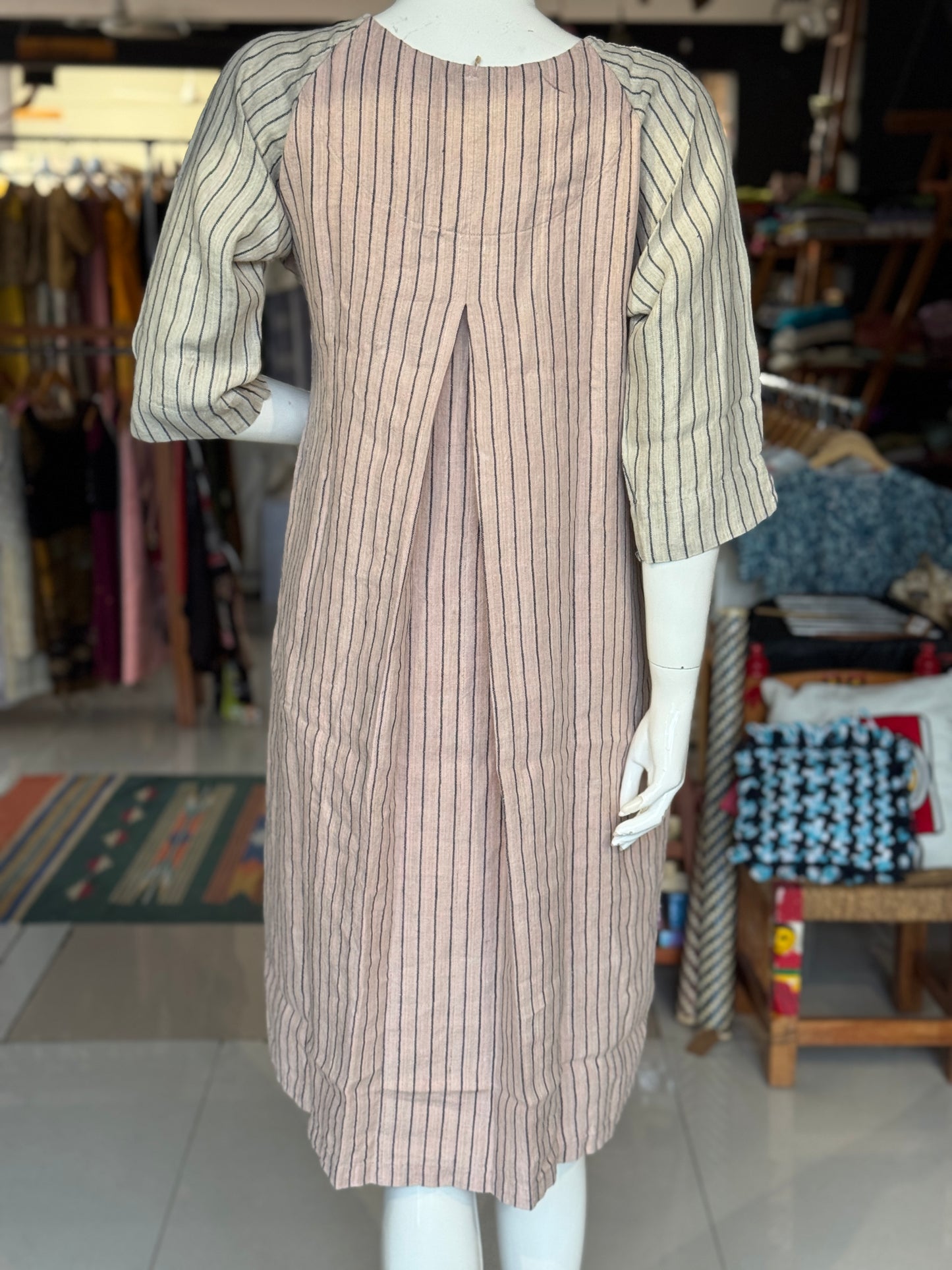 Pink n beige stripes linen hand woven dress with raglan sleeves