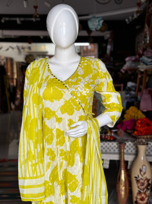 Lime green anarkali Kurti, pants and dupatta - 3 piece set