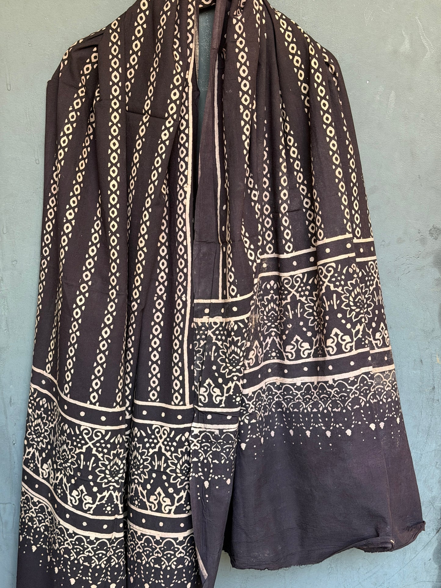 Black and beige Ajrakh hand block printed cotton dupatta