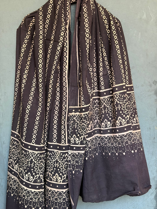 Black and beige Ajrakh hand block printed cotton dupatta