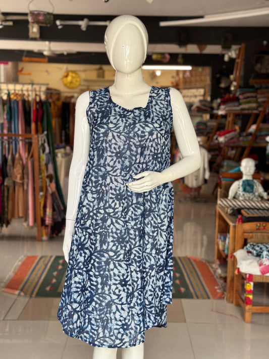Indigo batik flowy soft hand block printed mul cotton sleeveless dress