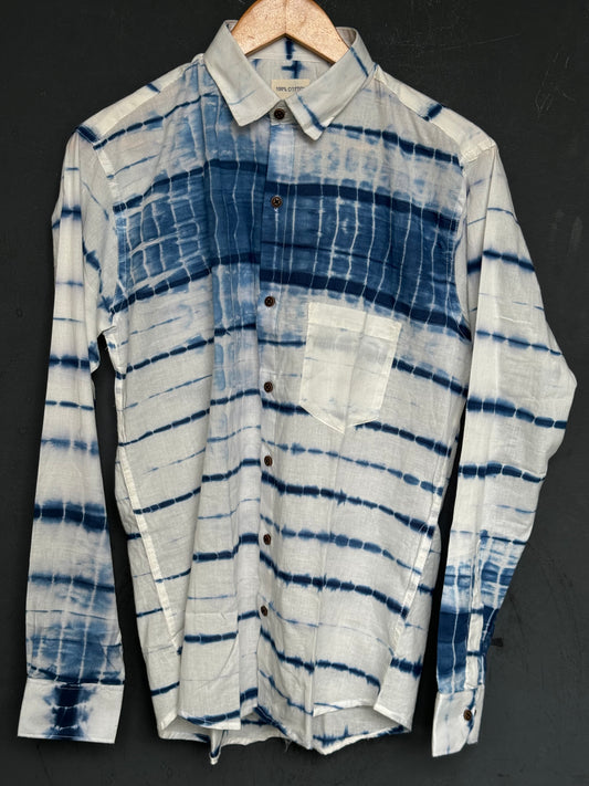 Blue on white tie dye print full sleeves cotton shirt for men