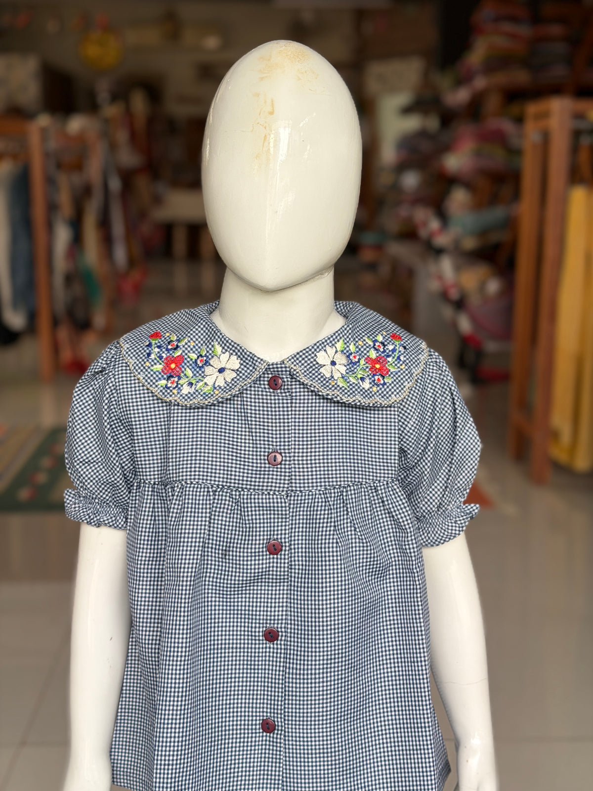 Blue and white checks lounge wear / night suit set - 2 piece embroidered frilled shirt n pants set