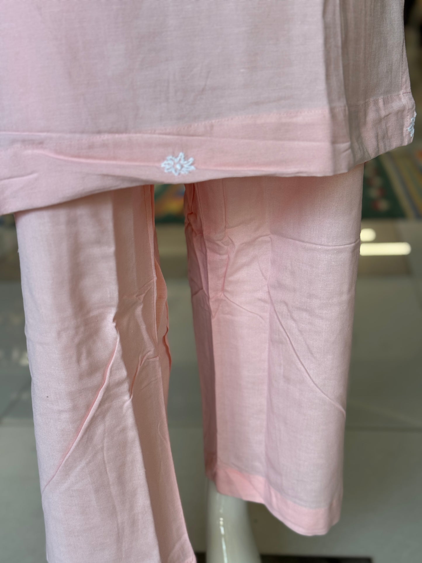 Light pink hand embroidered cotton kurta, inner top and pants - 3 piece set
