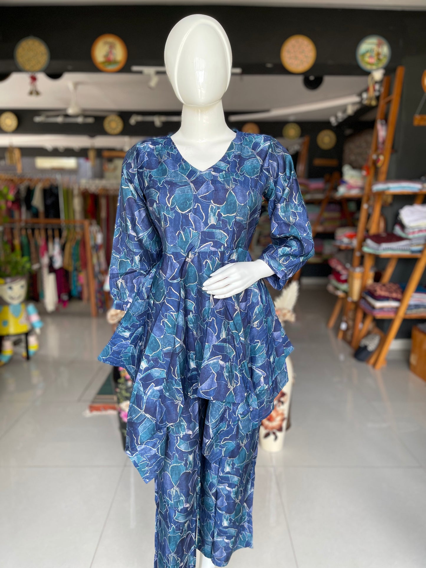 Blue floral stylish coord set with asymmetric hem top and loose pants