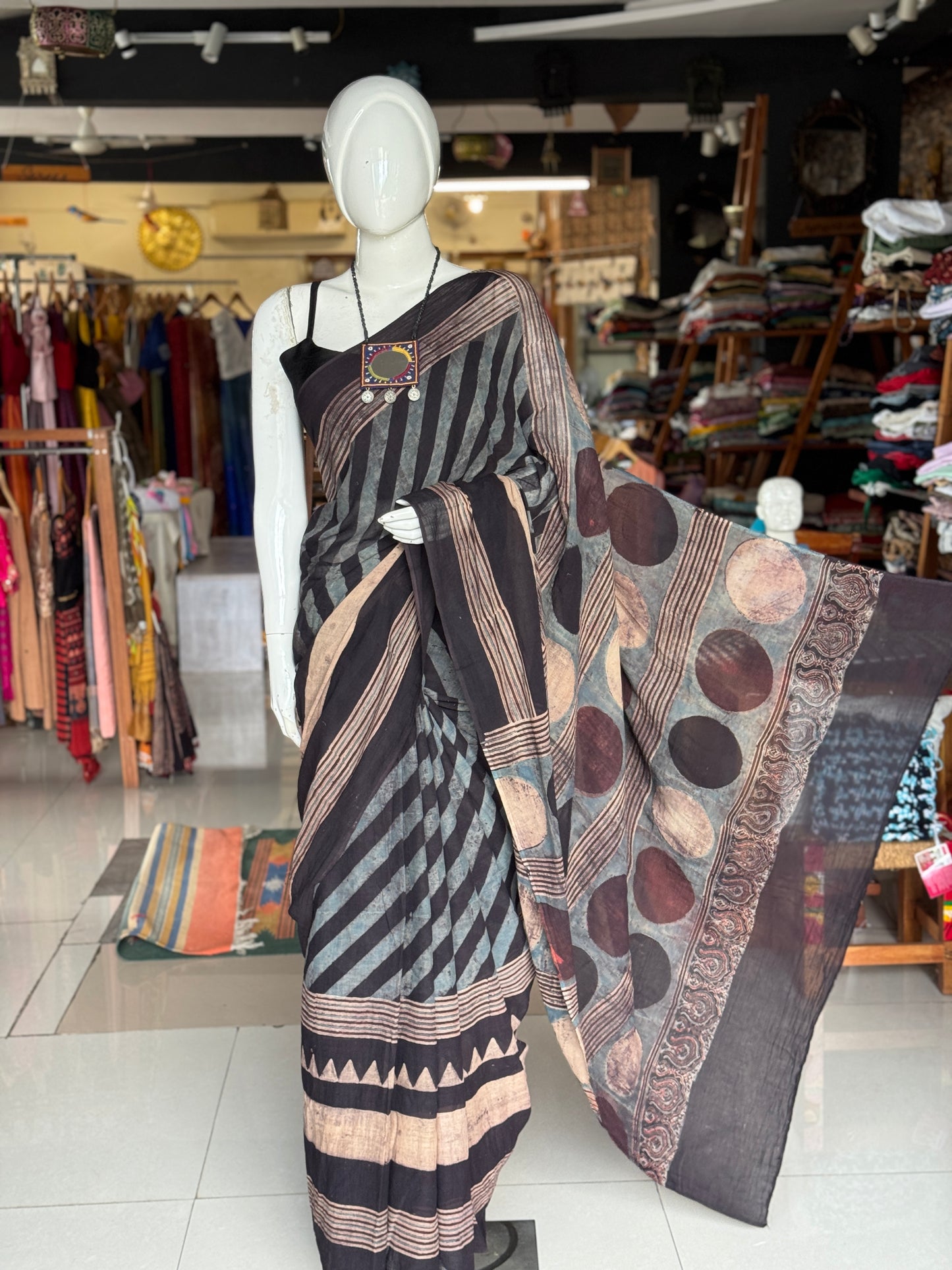 Black and Indigo stripes and circles design Ajrakh hand block printed soft mul cotton saree