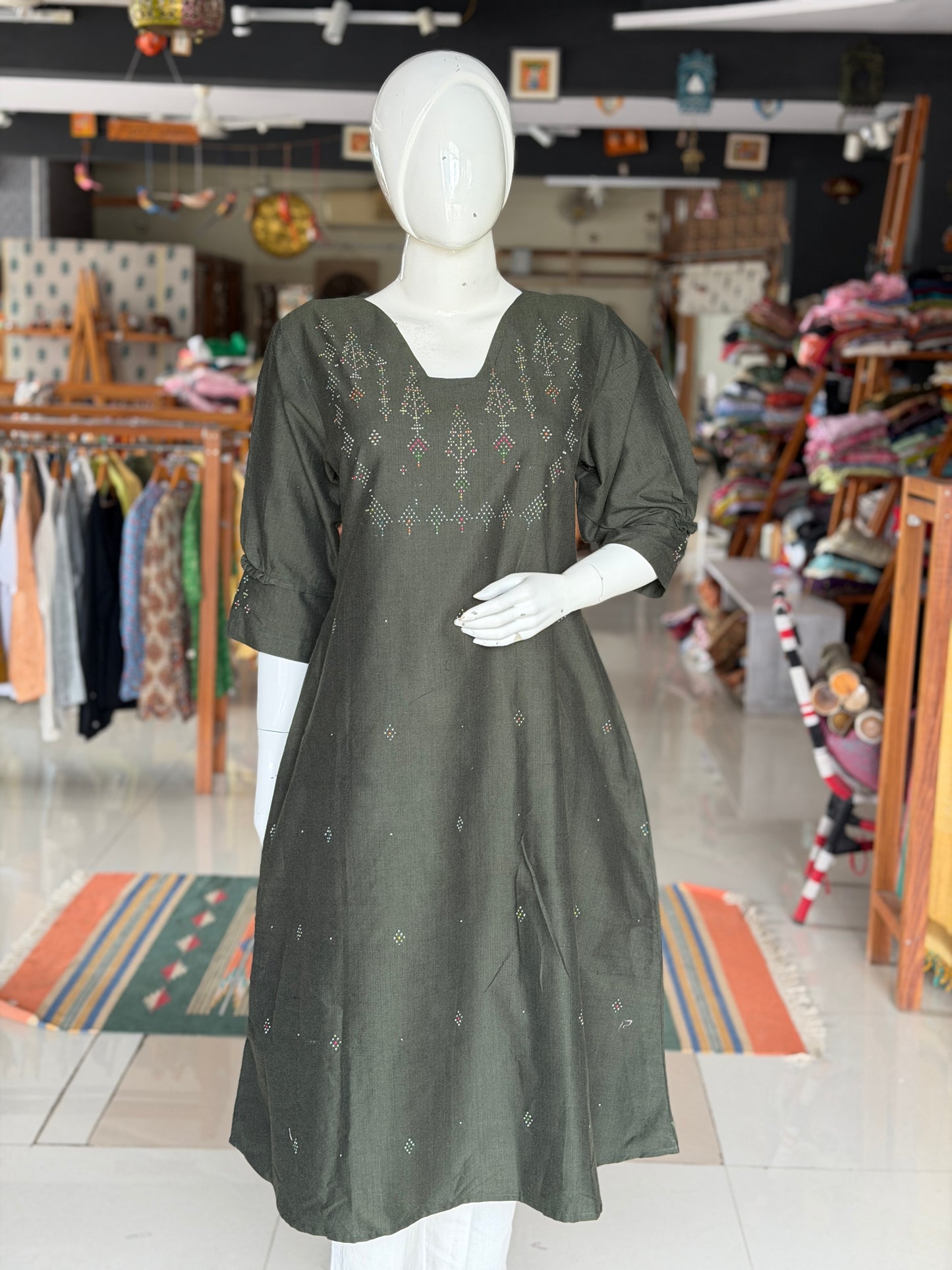 Dark green Tangaliya trees design handwoven cotton a-line kurti / dress