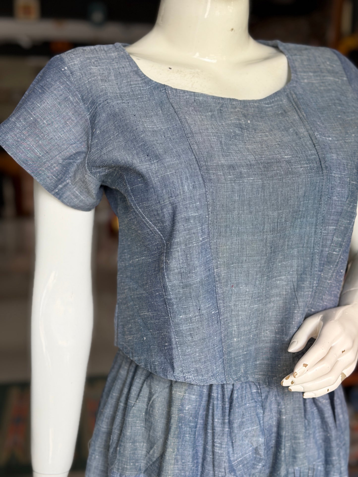 Bluish grey cotton handloom crop top with sleeves - natural dyed