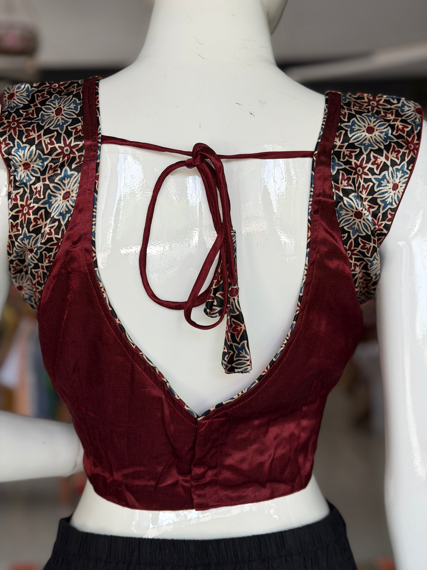Ajrakh handblock printed Mashru sleeveless blouse with mirror embroidery - click to see colors
