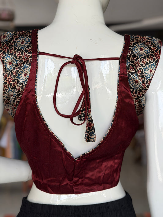 Ajrakh handblock printed Mashru sleeveless blouse with mirror embroidery - click to see colors