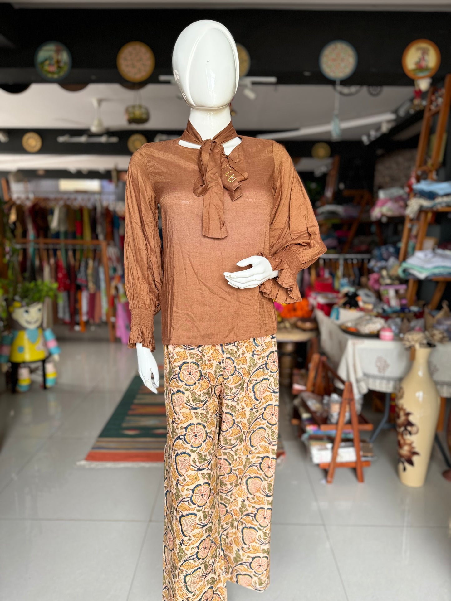 Brown soft rayon top with long sleeves and neck tie