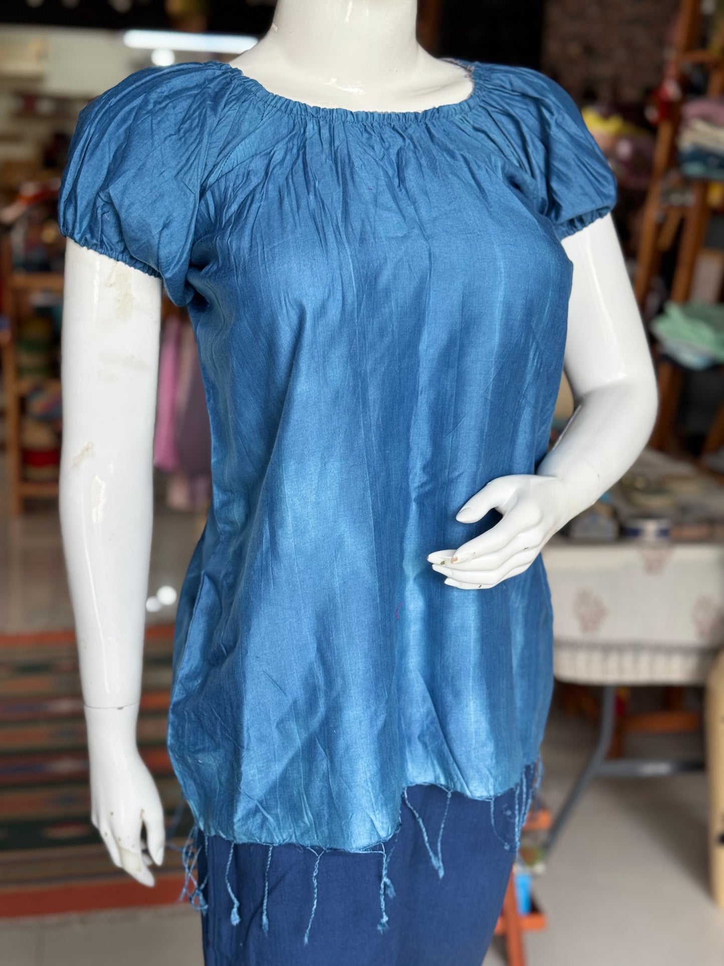 Indigo natural dyed elastic neckline silk top for women